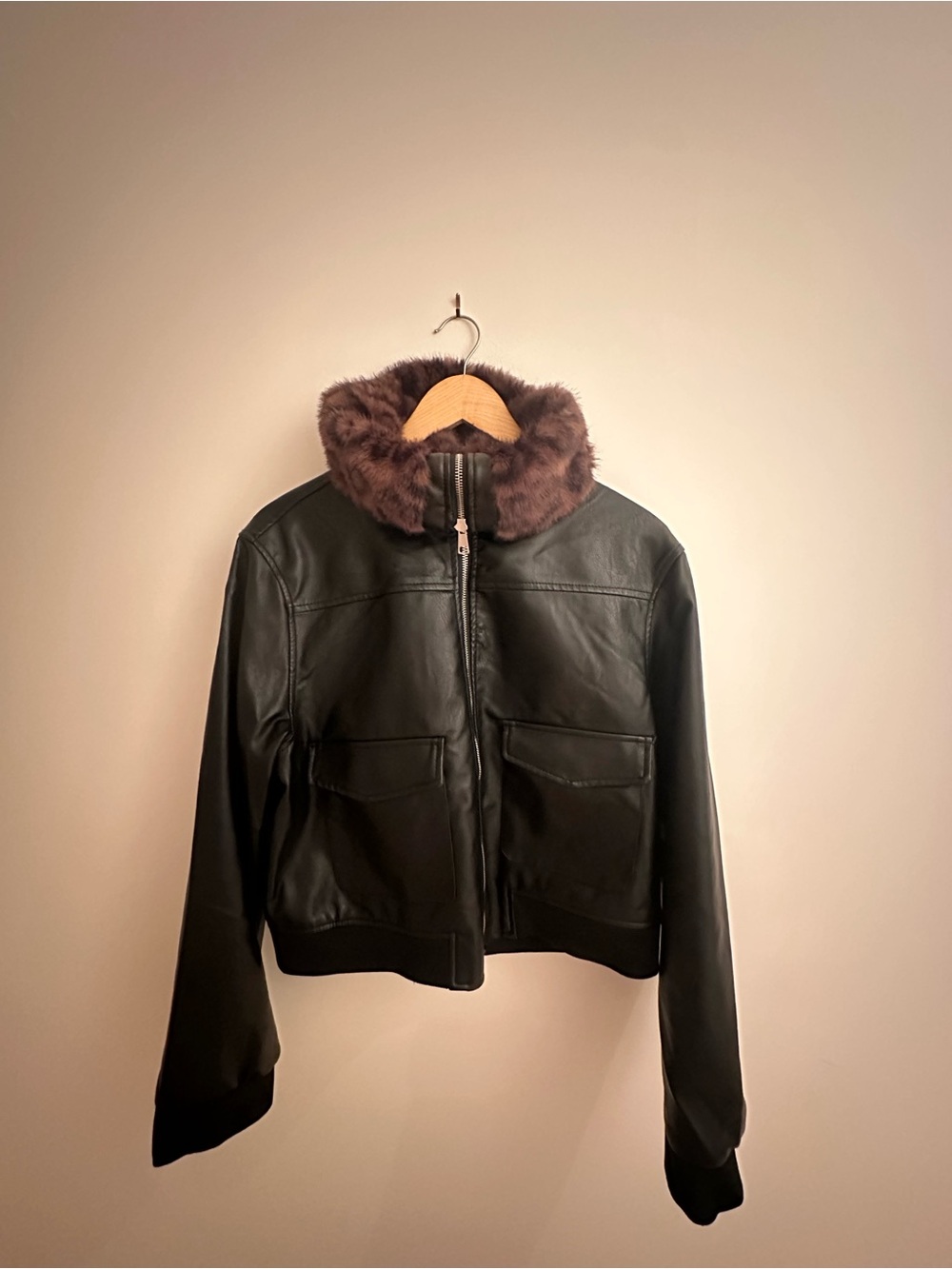 Ci Sono Black Bomber Jacket with Brown Faux Fur Collar